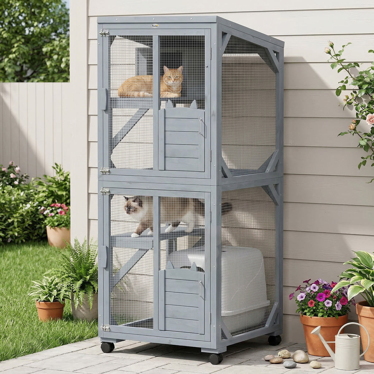 Enclos extérieur mobile pour chats avec niche de repos, 3 plateformes de saut et toit en asphalte étanche pour une utilisation intérieure et extérieure.