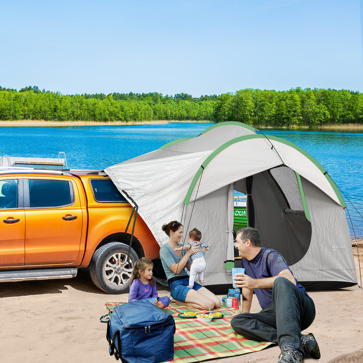 Tente de voiture imperméable 2000 mm pour SUV, avec 3 portes et fenêtre en filet, pour 5 à 6 personnes, coloris gris et vert. Idéale pour le camping et les voyages. Coloris : gris et vert.