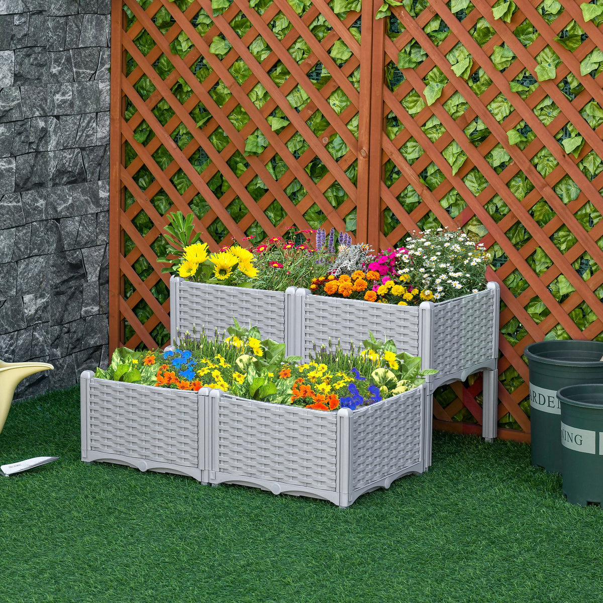 Potager surélevé 4 pièces en PP, support pour fleurs, légumes et herbes aromatiques, gris