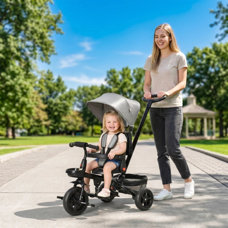 Tricycle pour tout-petits Tricycle 5 en 1 pour enfants, convertible poussette pliable en vélo pour tout-petits, appui-retoi arrière réglable et auvent incurvé, garde-corps et poignée détachables pour 1 à 5 ans, gris