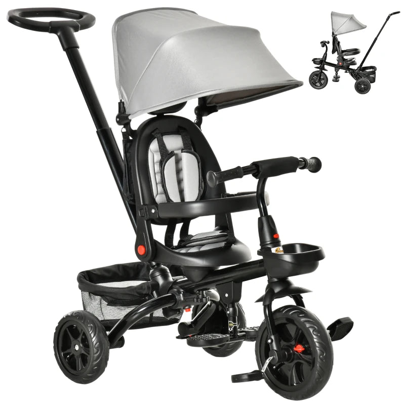 Tricycle pour tout-petits Tricycle 5 en 1 pour enfants, convertible poussette pliable en vélo pour tout-petits, appui-retoi arrière réglable et auvent incurvé, garde-corps et poignée détachables pour 1 à 5 ans, gris