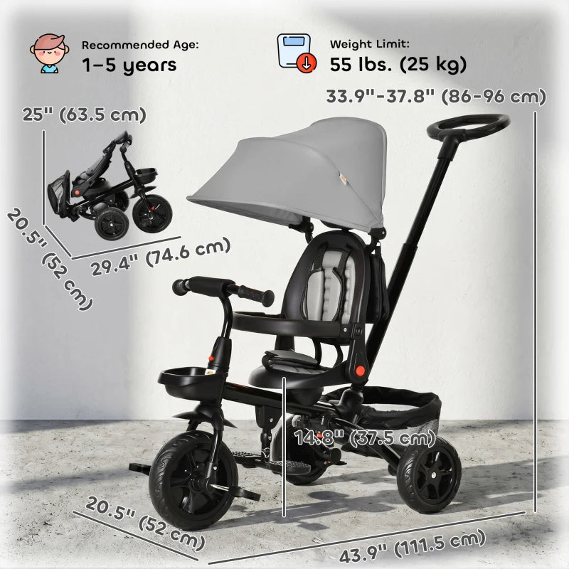 Tricycle pour tout-petits Tricycle 5 en 1 pour enfants, convertible poussette pliable en vélo pour tout-petits, appui-retoi arrière réglable et auvent incurvé, garde-corps et poignée détachables pour 1 à 5 ans, gris