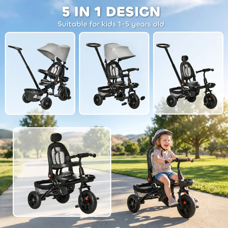 Tricycle pour tout-petits Tricycle 5 en 1 pour enfants, convertible poussette pliable en vélo pour tout-petits, appui-retoi arrière réglable et auvent incurvé, garde-corps et poignée détachables pour 1 à 5 ans, gris