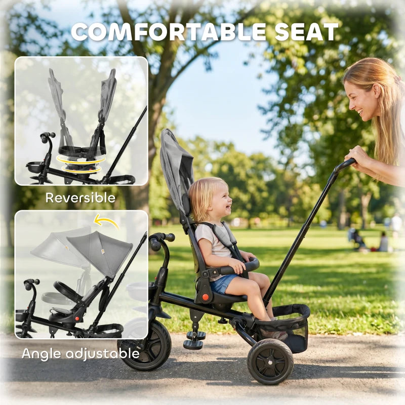 Tricycle pour tout-petits Tricycle 5 en 1 pour enfants, convertible poussette pliable en vélo pour tout-petits, appui-retoi arrière réglable et auvent incurvé, garde-corps et poignée détachables pour 1 à 5 ans, gris
