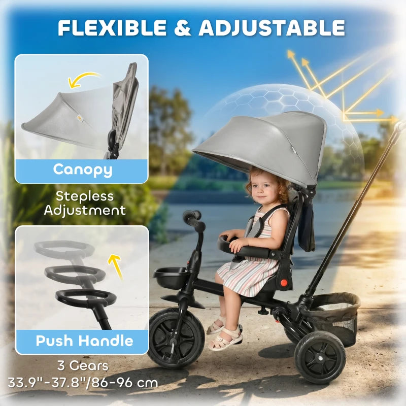 Tricycle pour tout-petits Tricycle 5 en 1 pour enfants, convertible poussette pliable en vélo pour tout-petits, appui-retoi arrière réglable et auvent incurvé, garde-corps et poignée détachables pour 1 à 5 ans, gris
