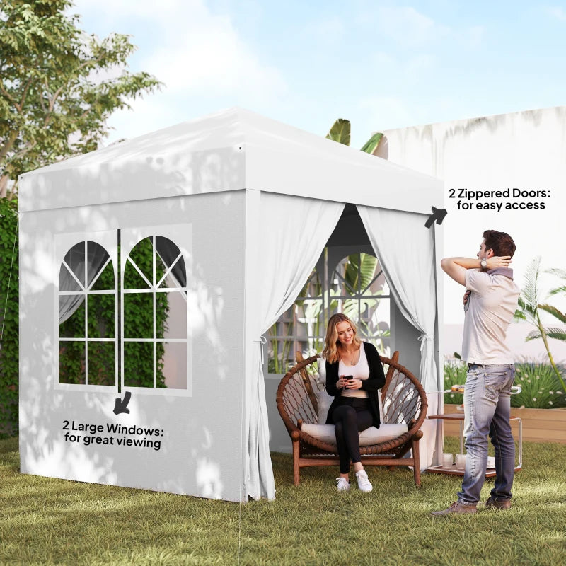 Tente à baldaquin Pop Up 6.6'x6.6' avec parois latérales, Gazebo de camping Instant Sun Shelter avec sac de transport, blanc