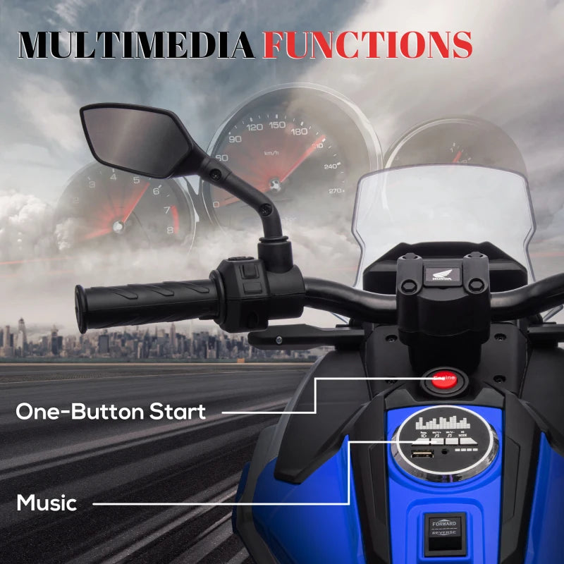 Honda License 12V Ride sur moto pour enfants avec phares Roues d'entraînement musical, pour 3 à 6 ans, bleu