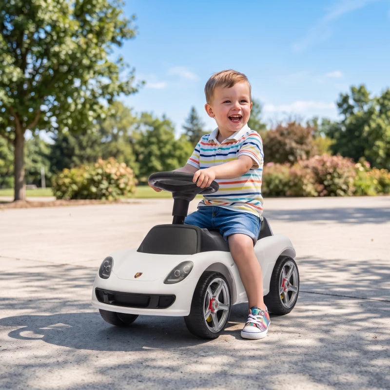 Voiture de poussée pour tout-petits avec klaxon, lumières, son de démarrage, voiture de conduite avec volant, repose-pieds, pour 18 à 36 mois, blanc
