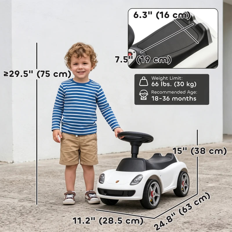 Voiture de poussée pour tout-petits avec klaxon, lumières, son de démarrage, voiture de conduite avec volant, repose-pieds, pour 18 à 36 mois, blanc