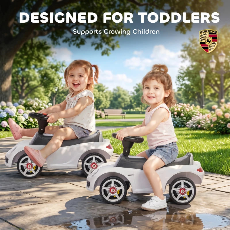 Voiture de poussée pour tout-petits avec klaxon, lumières, son de démarrage, voiture de conduite avec volant, repose-pieds, pour 18 à 36 mois, blanc