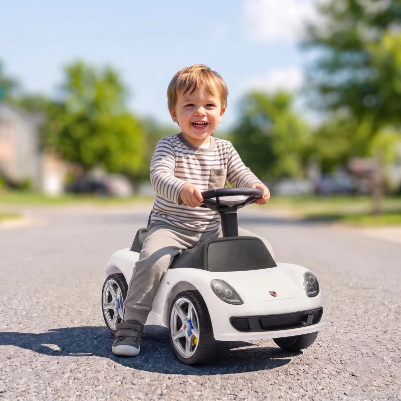 Voiture de poussée pour tout-petits avec klaxon, lumières, son de démarrage, voiture de conduite avec volant, repose-pieds, pour 18 à 36 mois, blanc