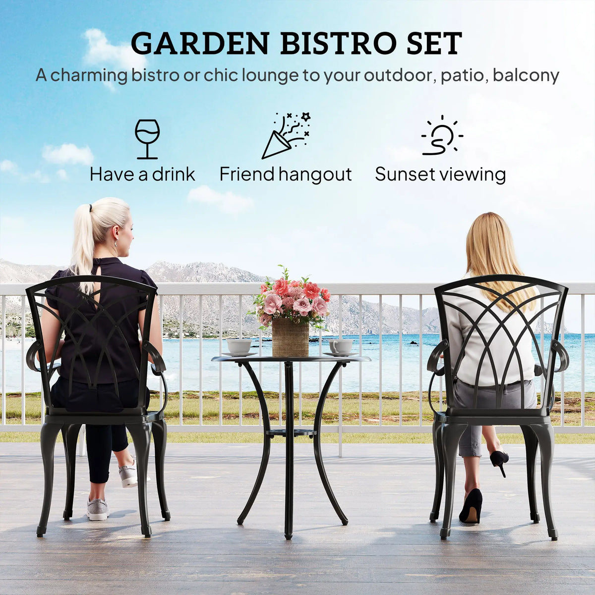 Ensemble bistro de patio 3 pièces, mobilier de conversation extérieur en aluminium moulé, table basse avec trou pour parasol, 2 fauteuils, marron