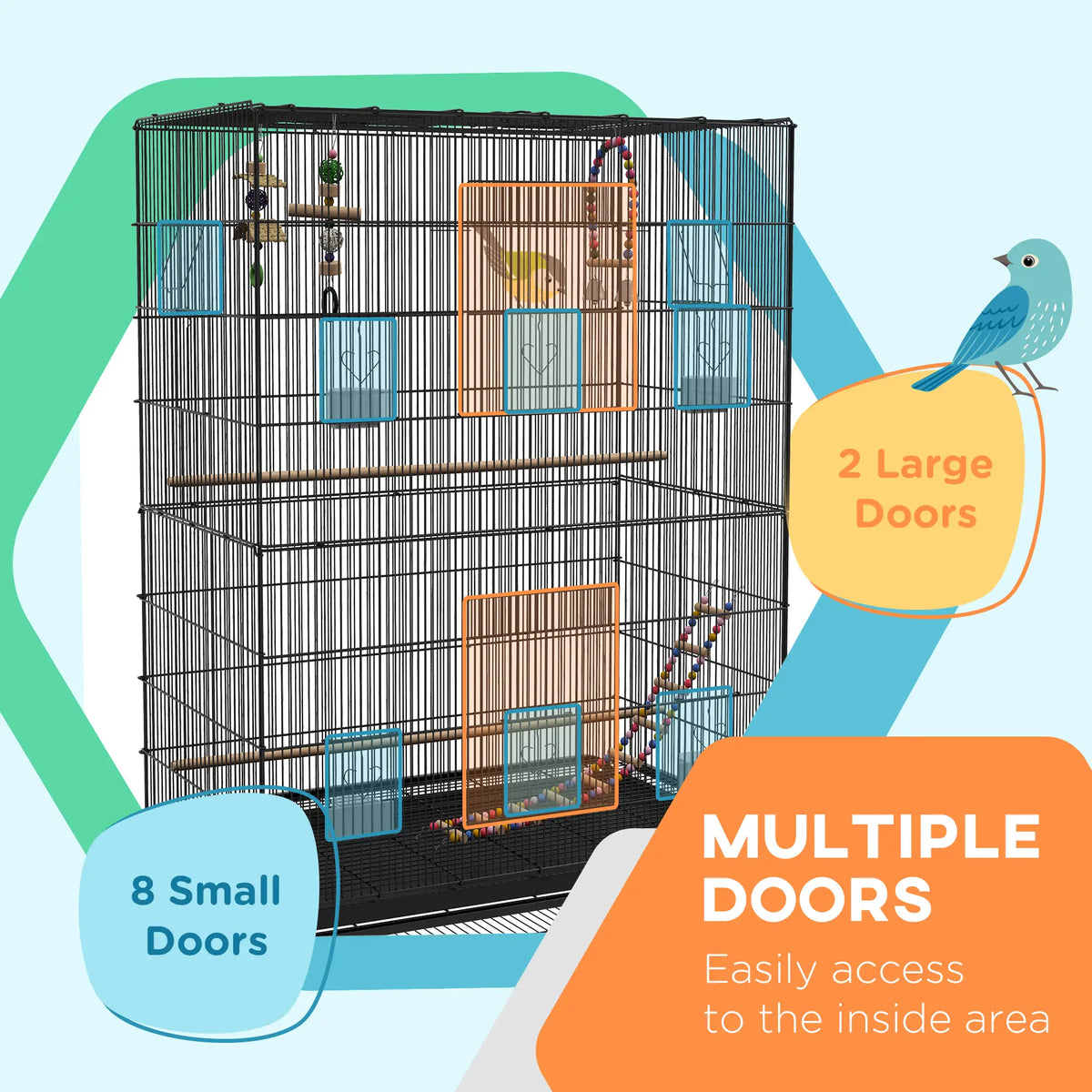 Cage à oiseaux 63" avec dessus ouvert pour perruches ondulées, calopsittes, inséparables et pinsons, support, jouets, plateau amovible et étagère de rangement
