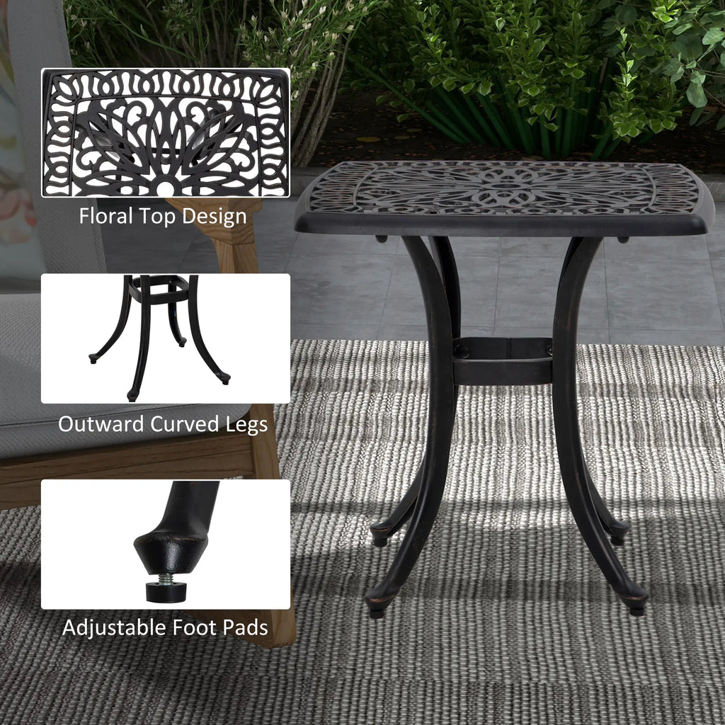 Table d'appoint carrée d'extérieur 53 cm (21 po), table de patio en aluminium moulé avec trou pour parasol, idéale pour le jardin, le balcon ou la piscine, couleur bronze.