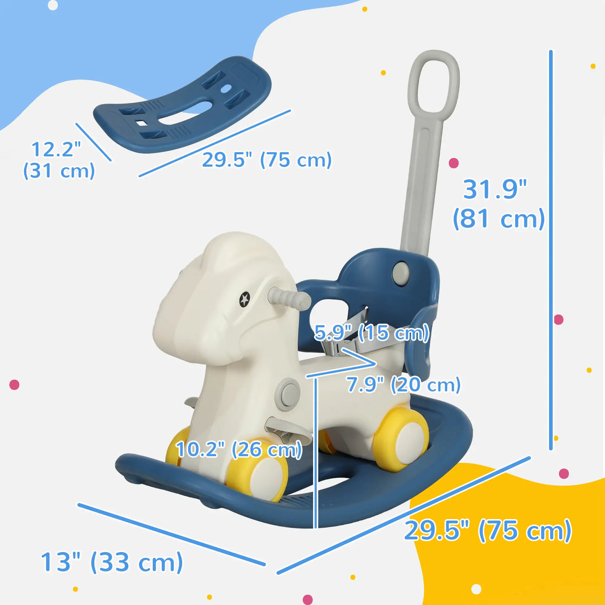 Cheval à bascule 4 en 1 pour enfants avec planche d'équilibre amovible et poignée de poussée, bleu