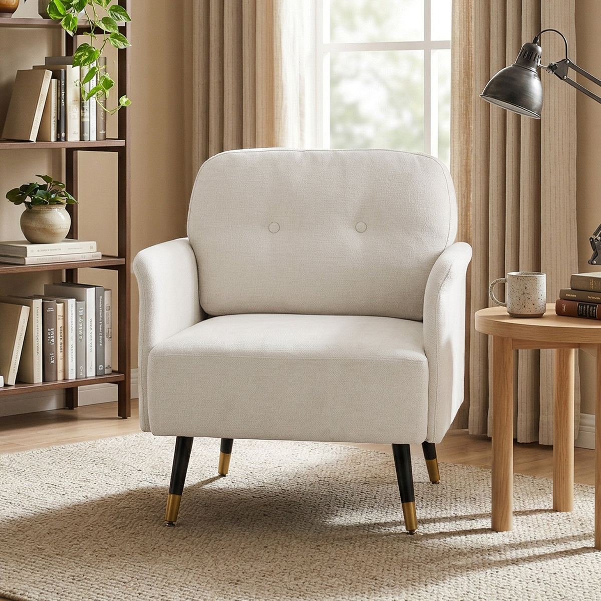 Fauteuil d'appoint moderne capitonné avec pieds en métal, fauteuil de lecture rembourré pour salon, blanc crème