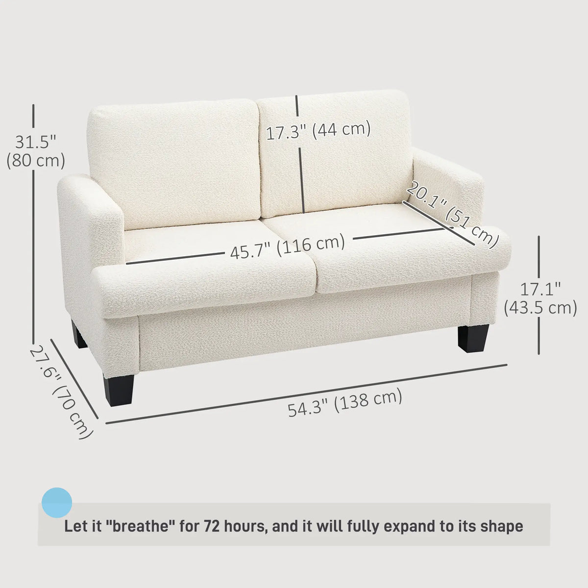 Canapé 2 places 138 cm (54,3 po) avec coussins amovibles, petit canapé avec structure en bois pour salon, blanc crème