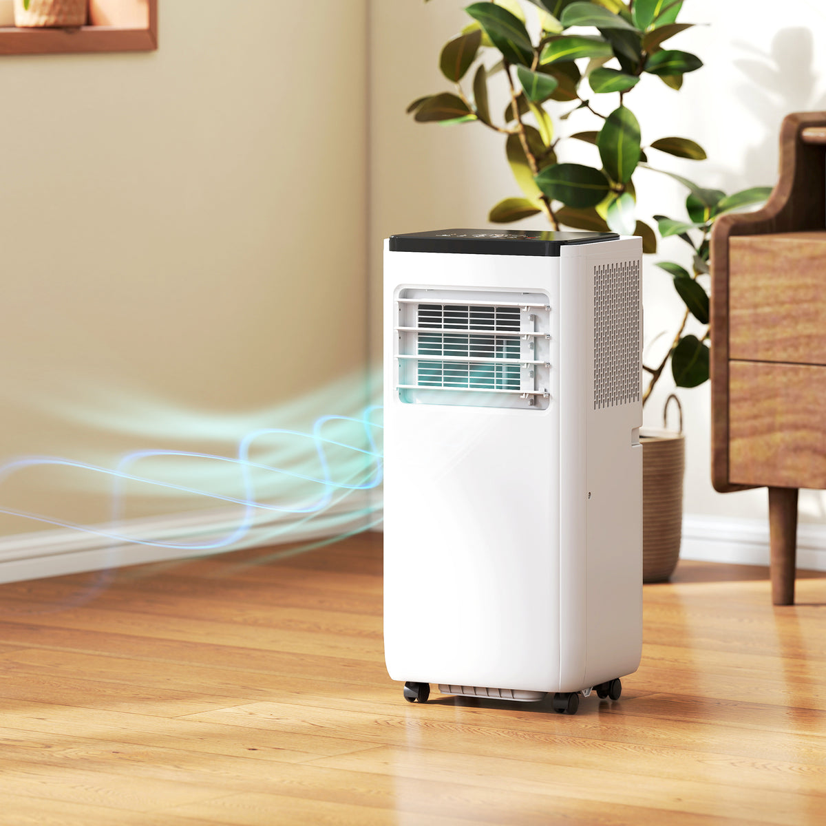 Climatiseur portable 4 en 1 10 000 BTU avec fonctions refroidissement, déshumidification, ventilation, mode sommeil, télécommande vocale Wi-Fi, blanc