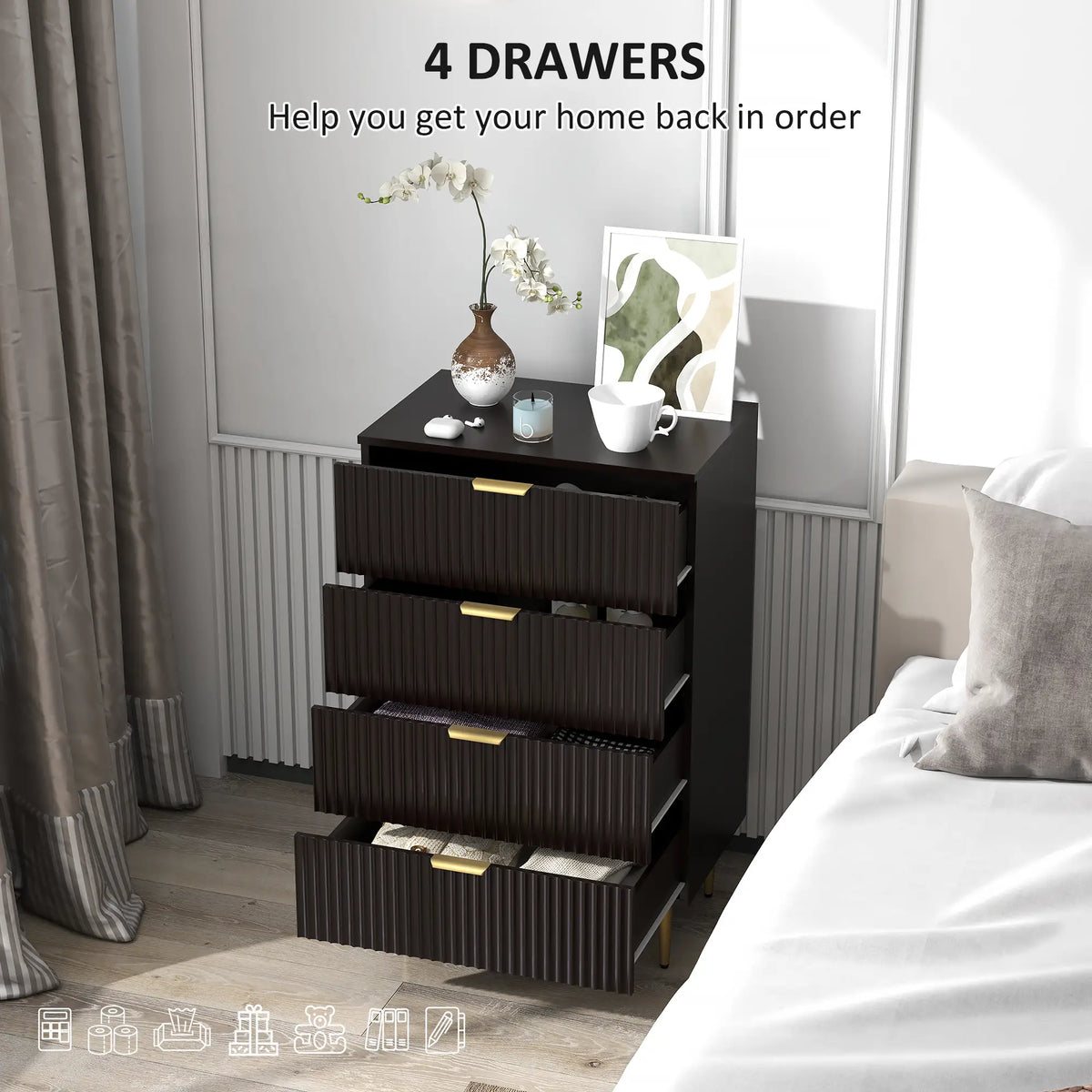 Commode moderne à 4 tiroirs pour chambre à coucher, pieds et poignées dorés, noire