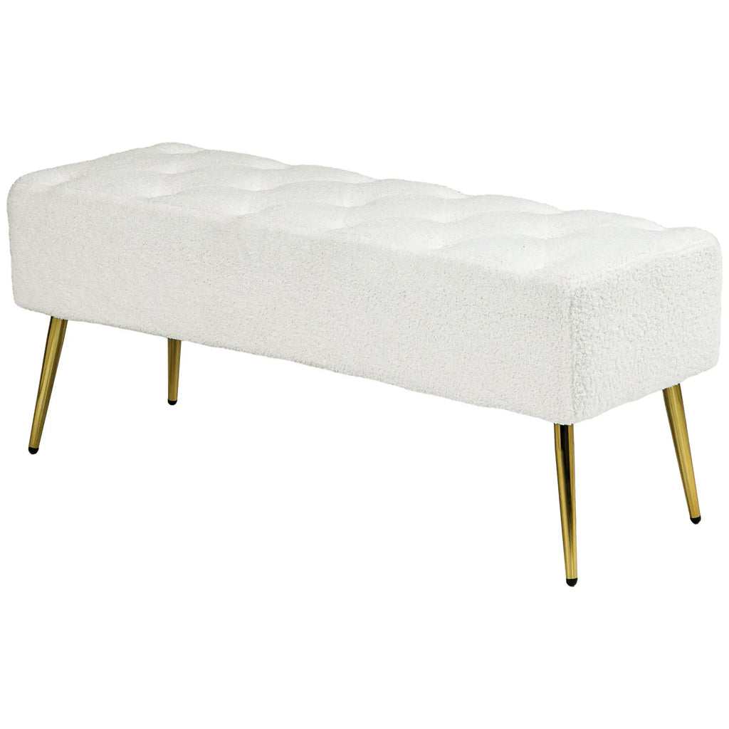 Banc de chambre 44" (112 cm) en tissu aspect laine d'agneau, avec coussin épais et pieds en acier, blanc crème