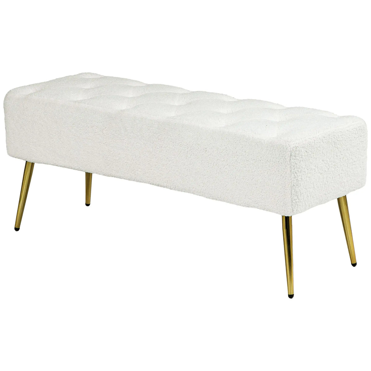 Banc de chambre 44" (112 cm) en tissu aspect laine d'agneau, avec coussin épais et pieds en acier, blanc crème
