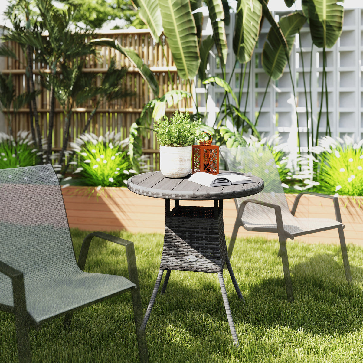 Table de salle à manger d'extérieur 70 cm (27,5 po) en résine tressée, mobilier de patio en rotin PE avec plateau en composite bois-plastique, grise