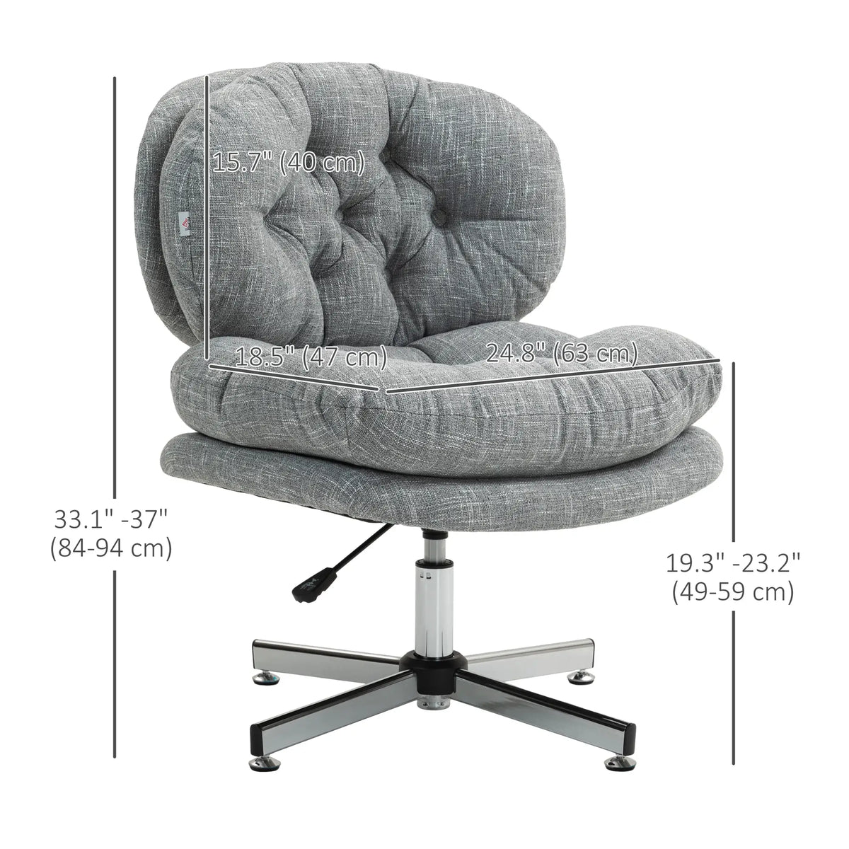 Chaise de bureau, sans accoudoirs, avec assise rembourrée large et hauteur réglable, grise.