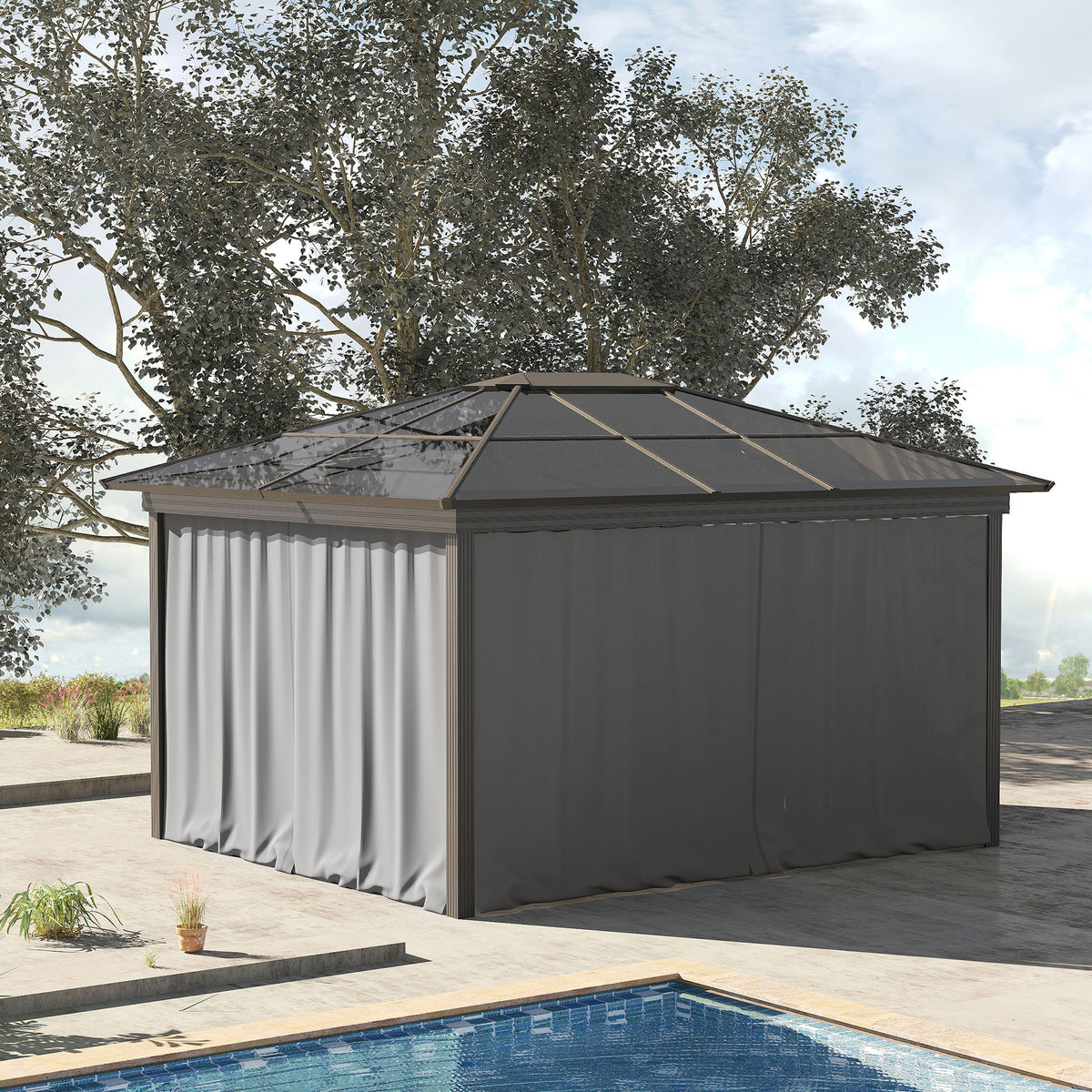 Rideaux de gazebo, rideau de remplacement universel pour intimité, 3 m x 3 m, 4 panneaux latéraux avec crochets/anneaux en C, gris clair
