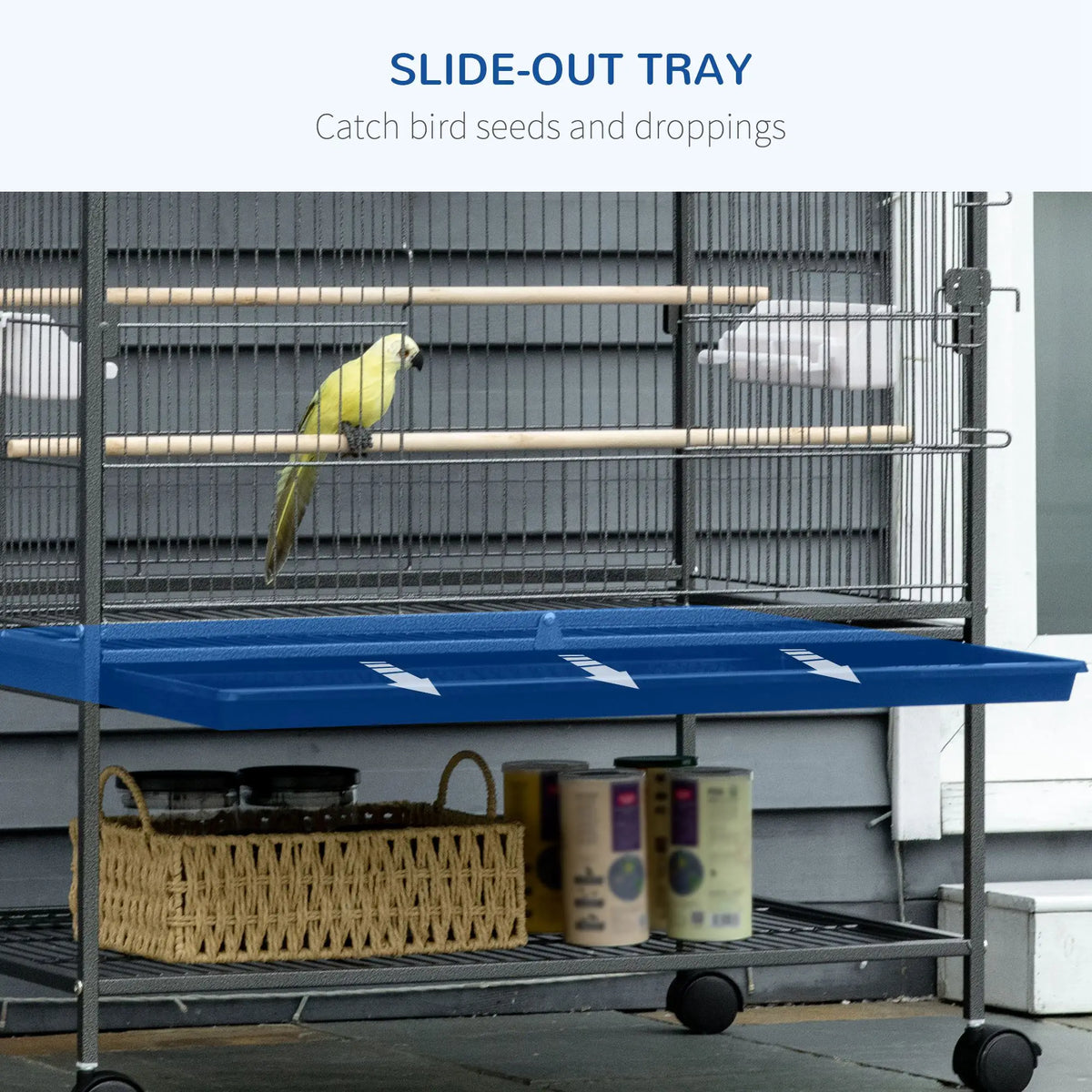 Cage à oiseaux roulante 52'' en acier avec support à roulettes, étagère de rangement, perchoir en bois et mangeoire, gris foncé