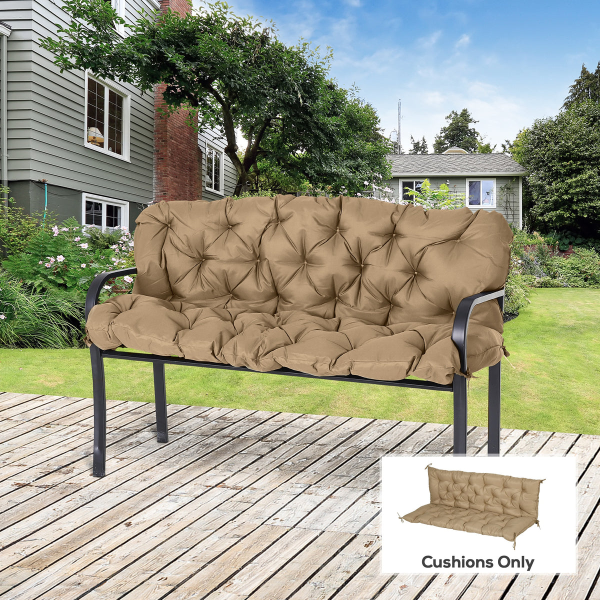 Coussin de balancelle de jardin avec dossier, antidérapant, moelleux, 150 x 98 cm, kaki