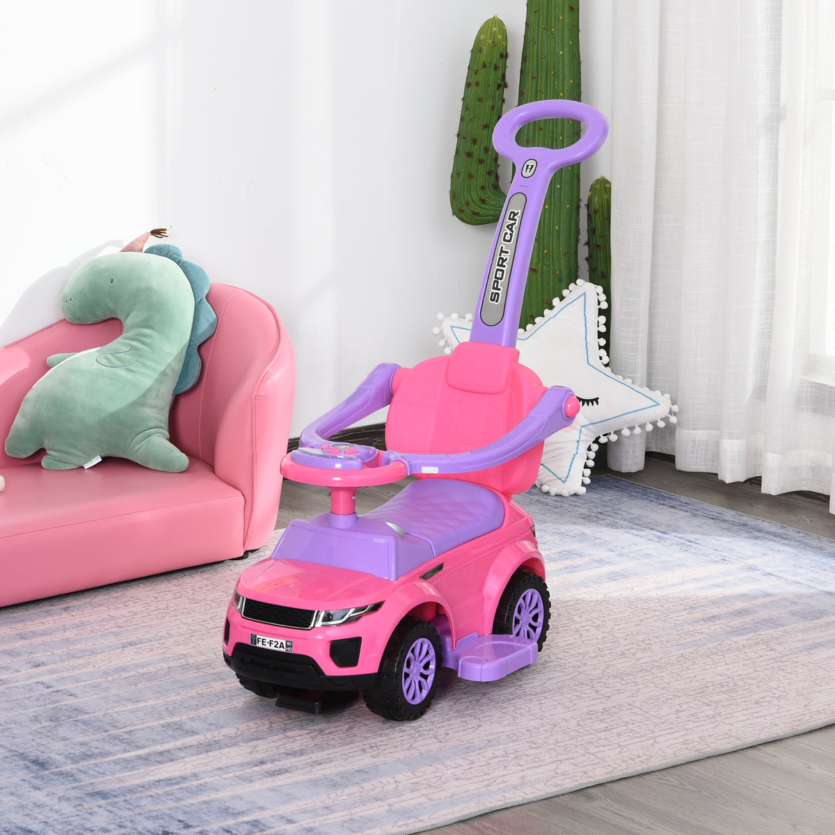 Voiture à pousser 3 en 1 pour enfants, avec klaxon et rangement sous le siège, pour les 18-36 mois, rose.