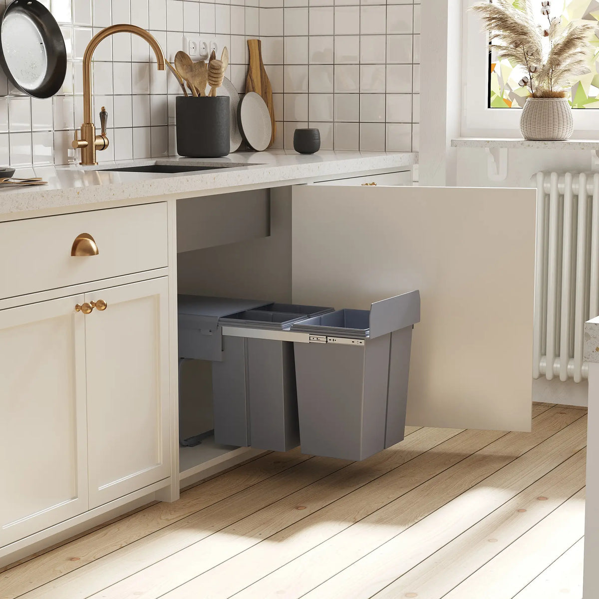 Poubelle coulissante à placer sous un meuble, 40 L (10,6 gallons), avec 3 compartiments amovibles, grise