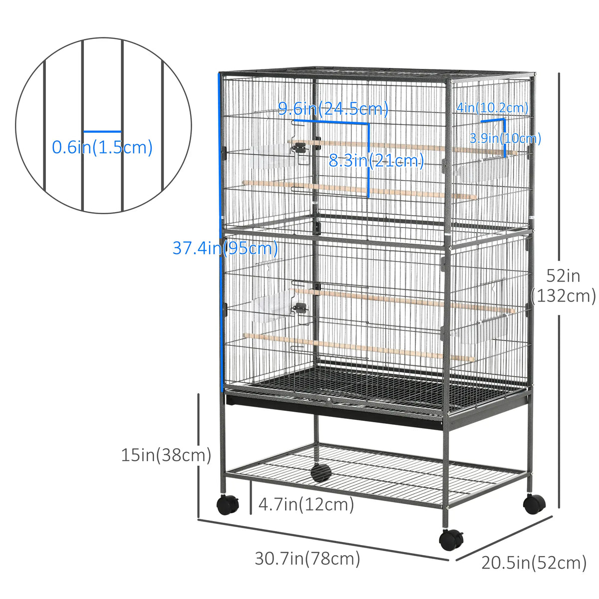 Cage à oiseaux roulante 52'' en acier avec support à roulettes, étagère de rangement, perchoir en bois et mangeoire, gris foncé