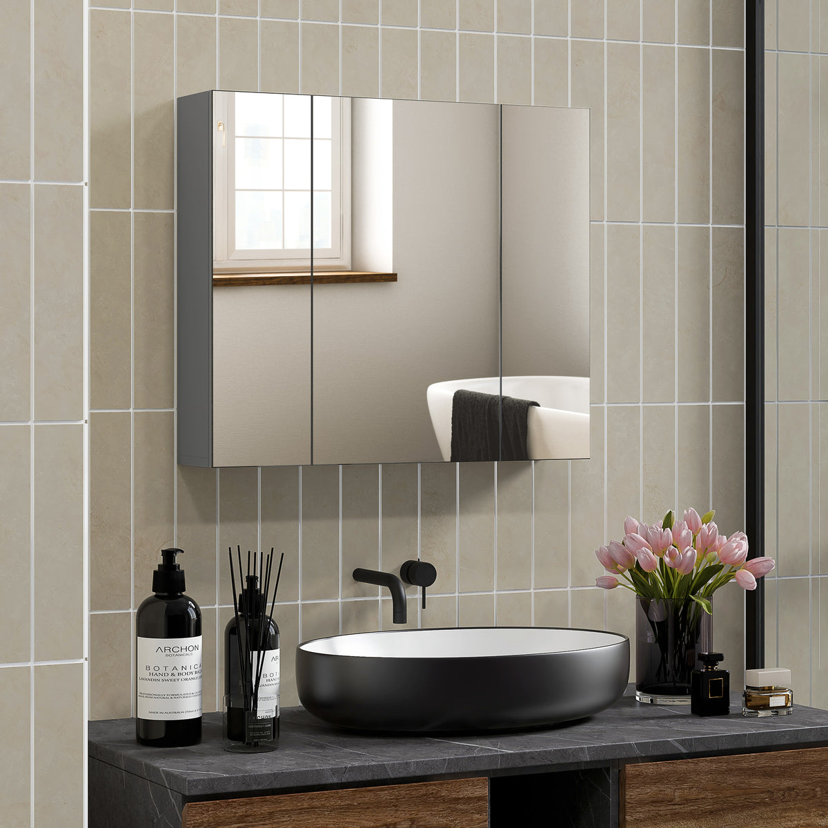 Armoire de salle de bain murale 71 x 61 cm avec miroir, armoire à pharmacie à 3 portes et étagères réglables, grise
