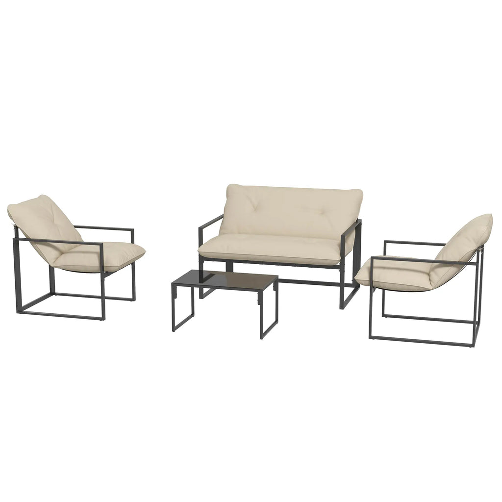 Ensemble de mobilier de jardin 4 pièces, salon de jardin avec table en verre trempé, causeuse, 2 chaises et coussins, beige
