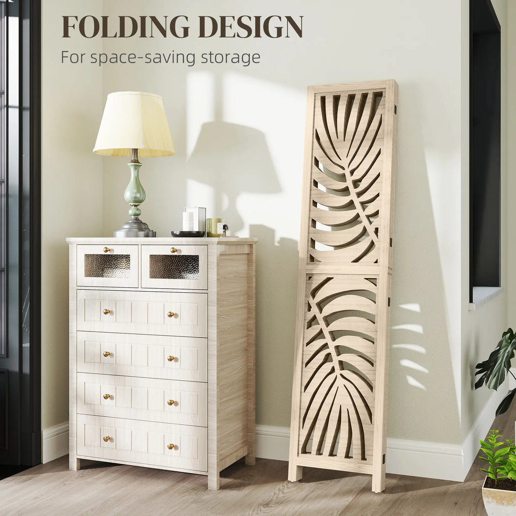 Paravent à 4 panneaux, écrans de confidentialité pliables et détachables avec motif de feuilles de palmier pour bureau à domicile, finition bois naturel