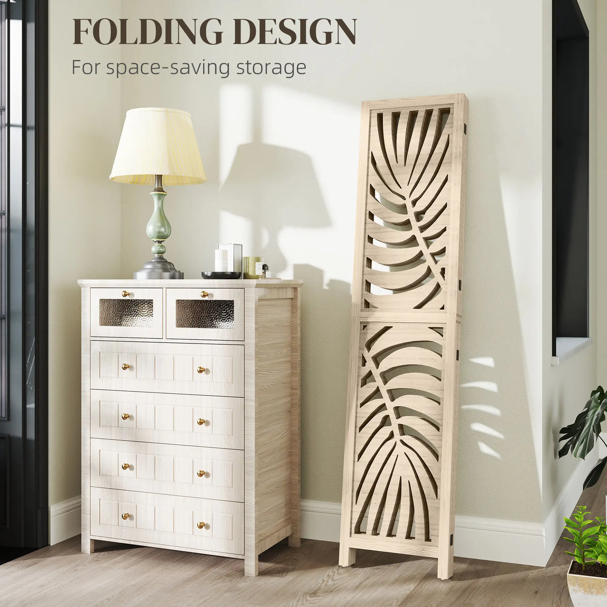 Paravent à 4 panneaux, écrans de confidentialité pliables et détachables avec motif de feuilles de palmier pour bureau à domicile, finition bois naturel