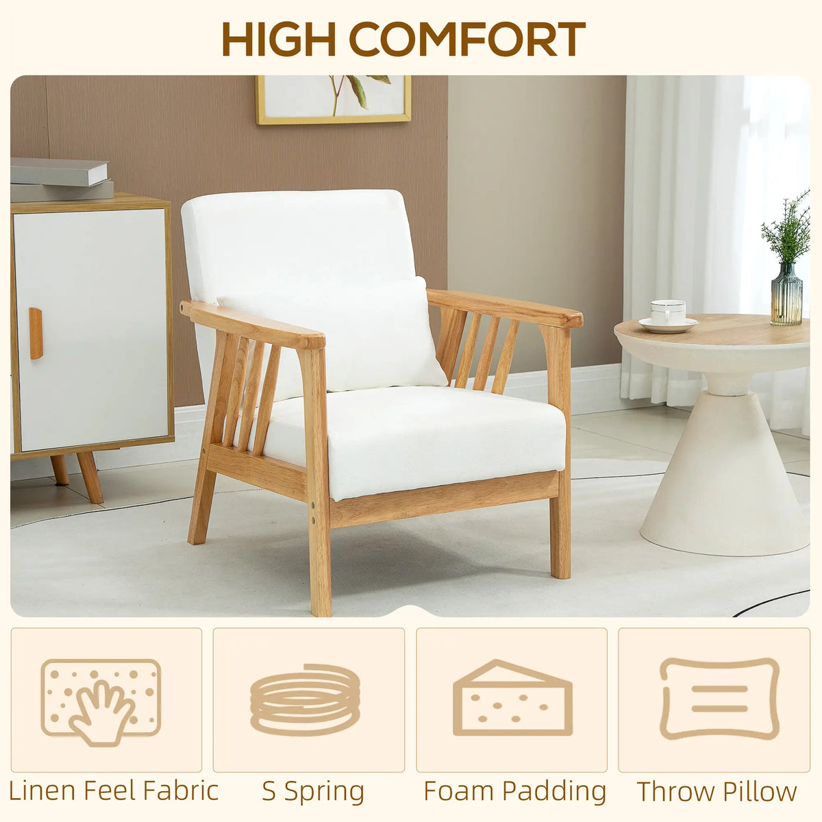 Fauteuil rembourré avec structure en bois d'hévéa, coussins décoratifs et assise confortable, blanc