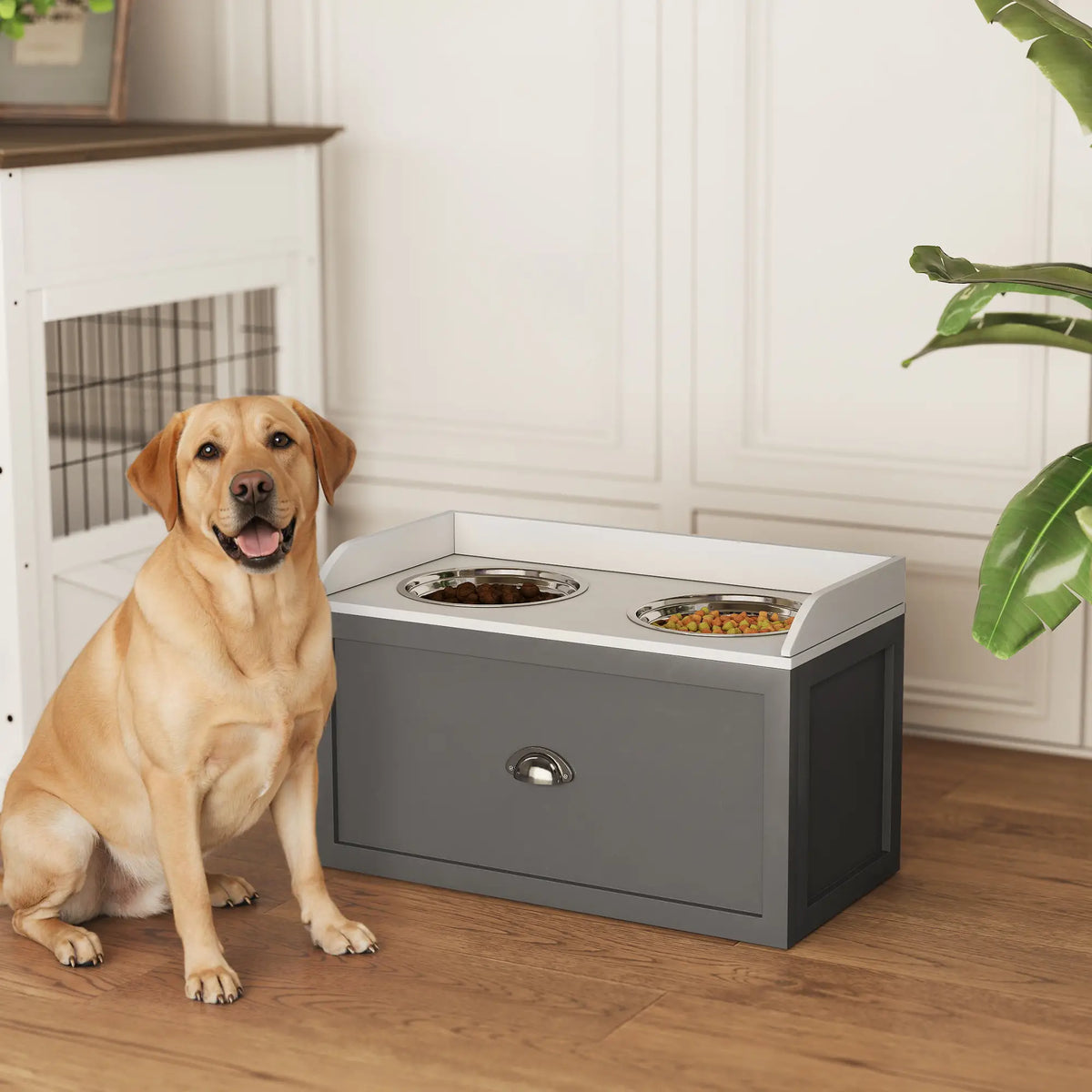 Gamelles surélevées pour chiens, station d'alimentation avec rangement, 2 gamelles en acier inoxydable, 60 x 30 x 36 cm, gris