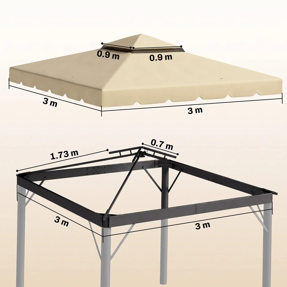 Toit de rechange pour gazebo 3 m x 3 m, avec double ventilation, pour jardin, terrasse ou extérieur (toit seul), beige