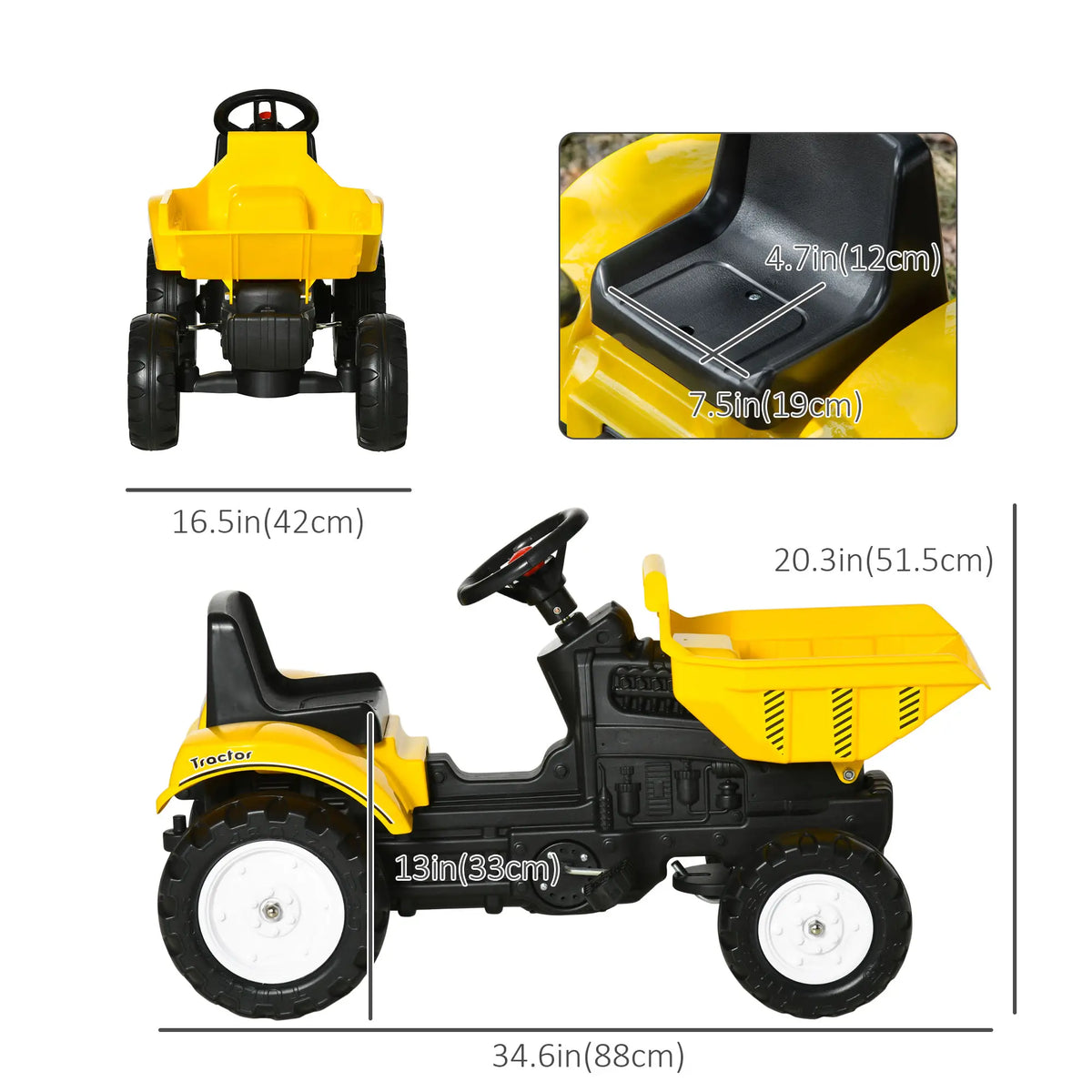 Tracteur à pédales pour enfants, avec godet à commande manuelle, jaune, pour les enfants de 3 ans et plus.