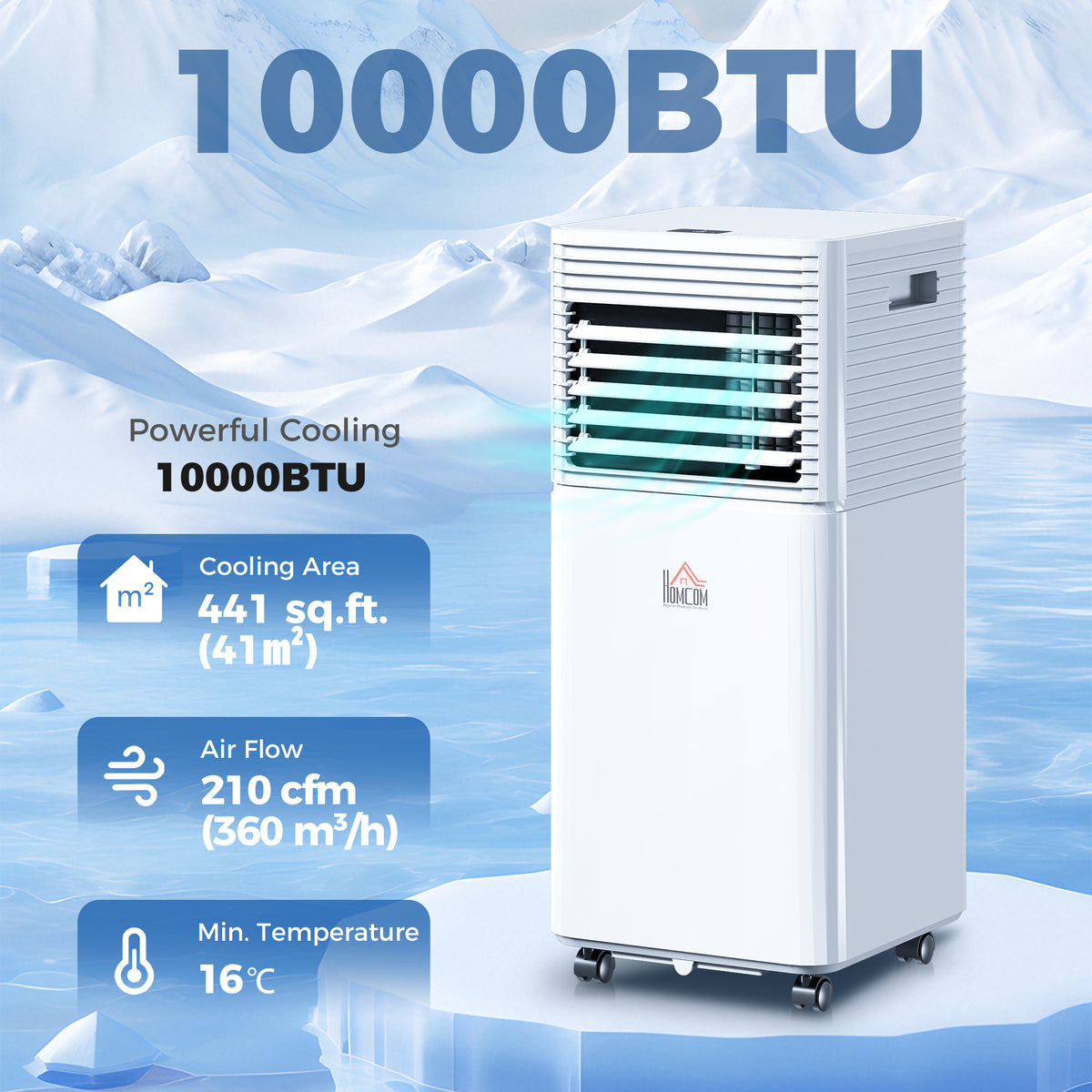 Climatiseur portable 10 000 BTU avec mode ventilateur et déshumidificateur, silencieux, avec télécommande et minuterie 24 h, blanc.
