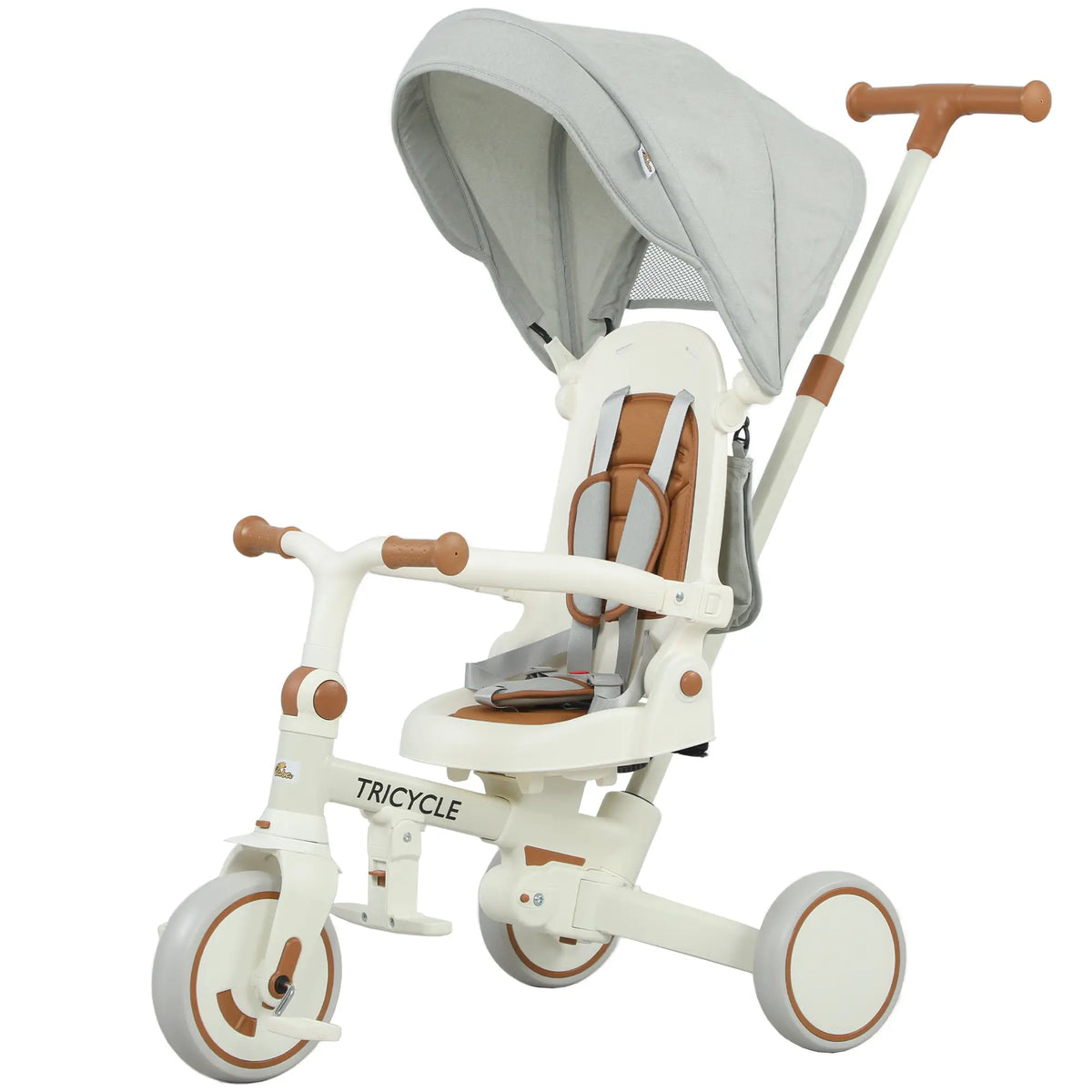 Tricycle 7 en 1 pour tout-petits avec harnais de sécurité, poignée parentale réglable et amovible, capote, sac de rangement et frein, blanc crème
