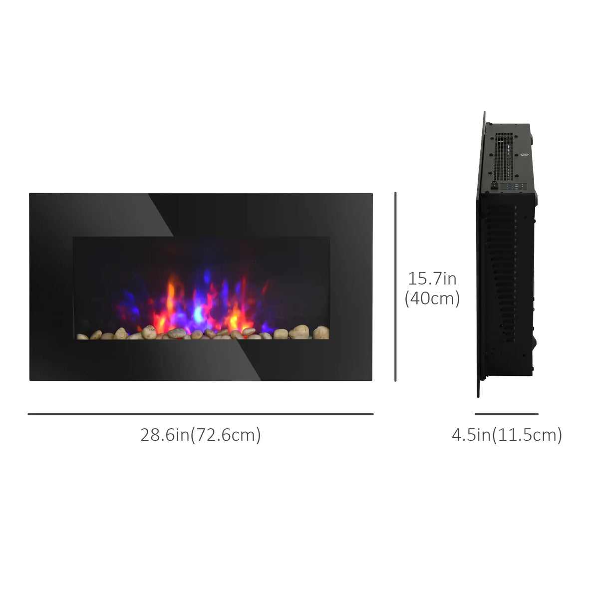 Cheminée murale, cheminée électrique moderne de 72,4 cm (28,5 pouces) avec effet de flamme LED breveté et 9 couleurs, noire
