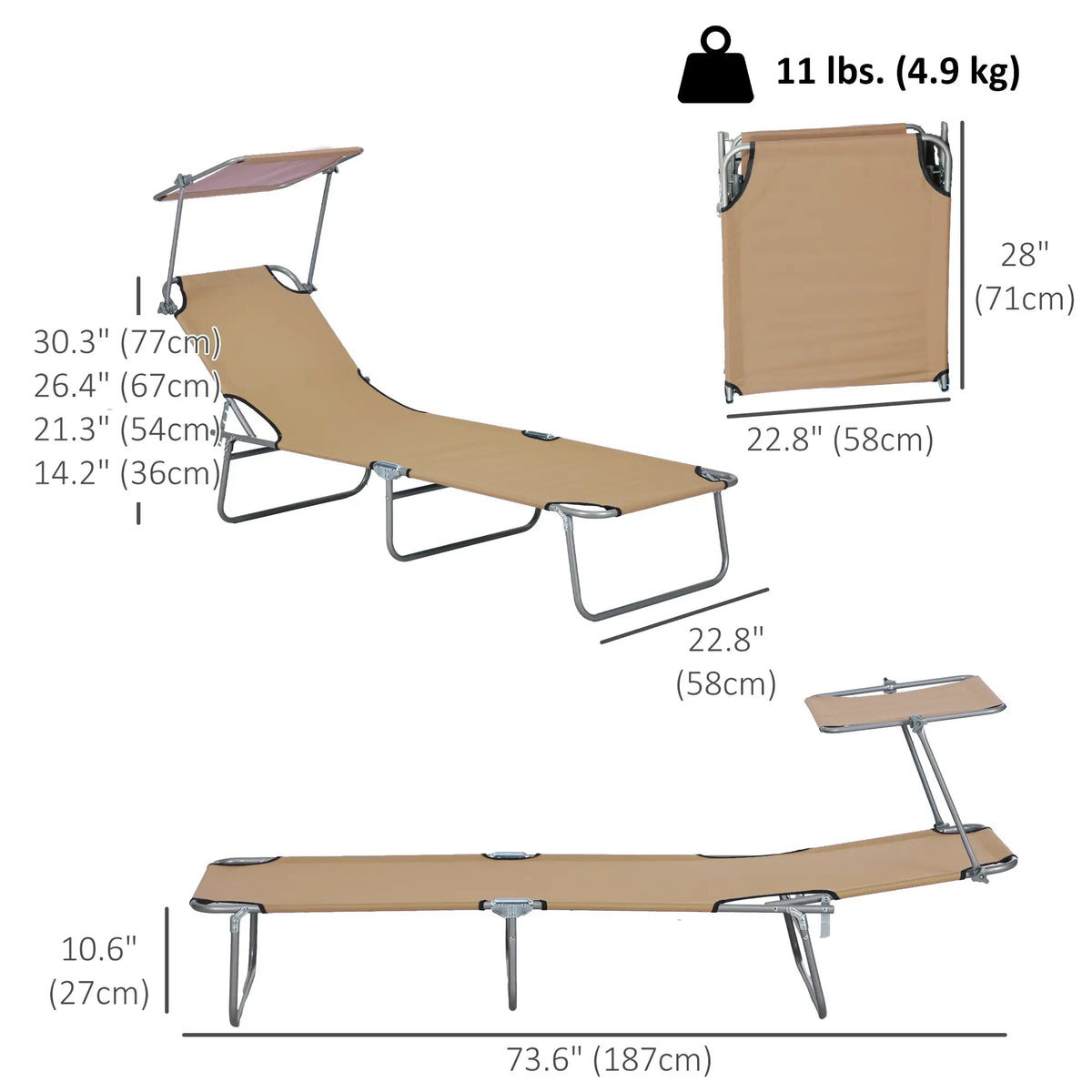 Chaise longue d'extérieur, chaise longue pliante et réglable, avec pare-soleil pour la plage, le camping, la randonnée et le jardin, marron