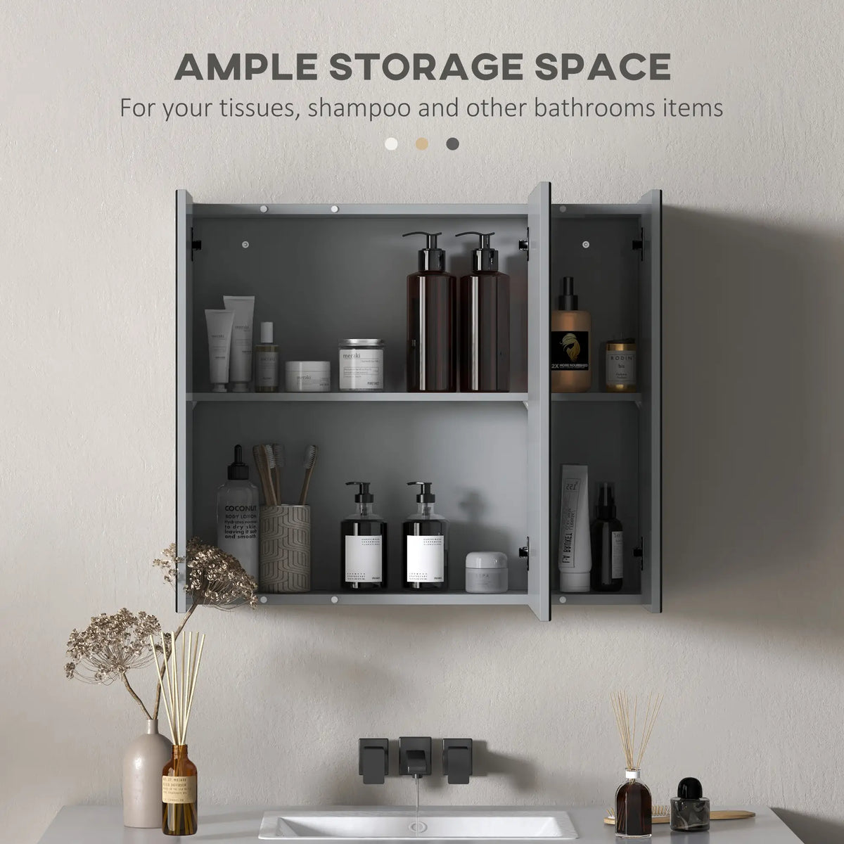 Armoire de salle de bain murale 71 x 61 cm avec miroir, armoire à pharmacie à 3 portes et étagères réglables, grise