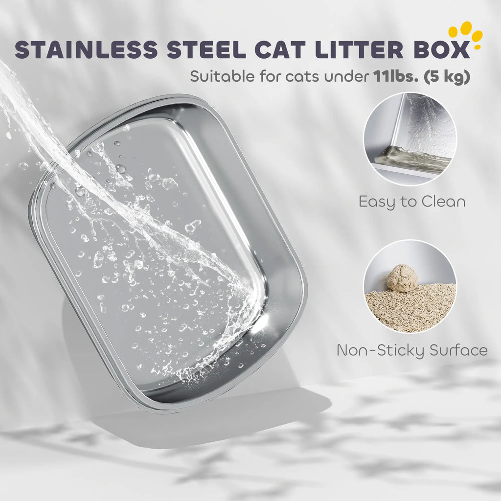 Bac à litière fermé en acier inoxydable, bac à litière en métal pour chat avec pelle, sac désodorisant, poignée, facile à nettoyer