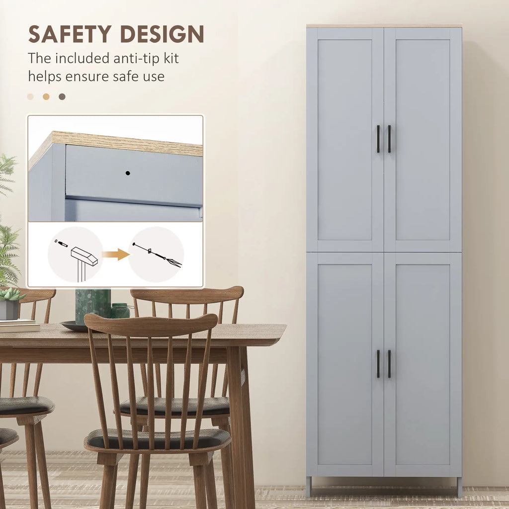 Armoire de cuisine 67" à 4 portes, meuble de rangement autoportant avec étagères réglables, gris