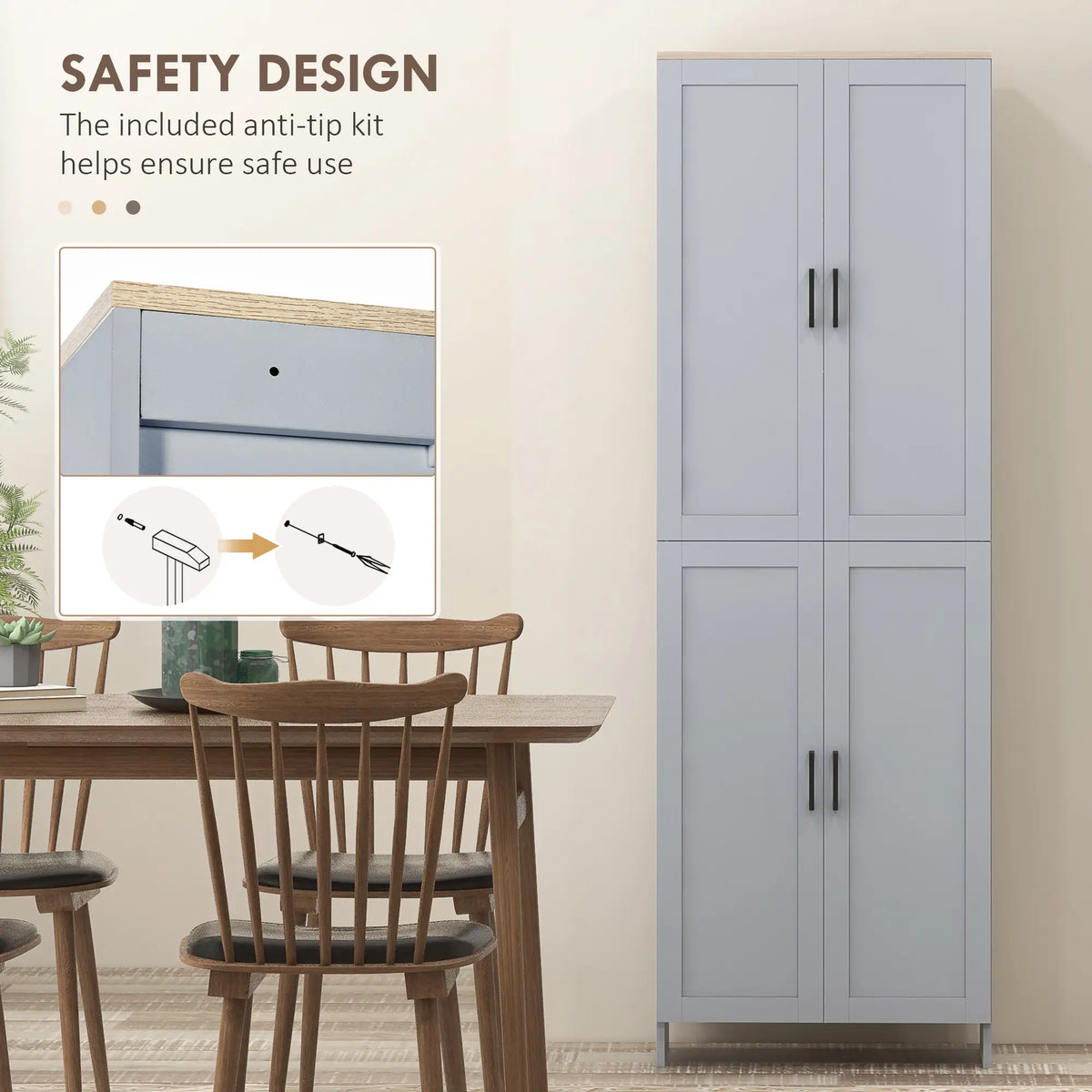 Armoire de cuisine 67" à 4 portes, meuble de rangement autoportant avec étagères réglables, gris