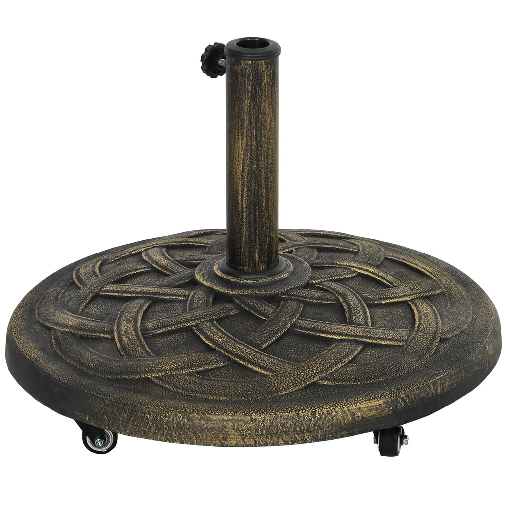 Pied de parasol rond  avec roulettes, support de parasol en résine de 20 kg, compatible avec les mâts de parasol de 3,3 cm, 3,8 cm et 4,8 cm, couleur bronze.